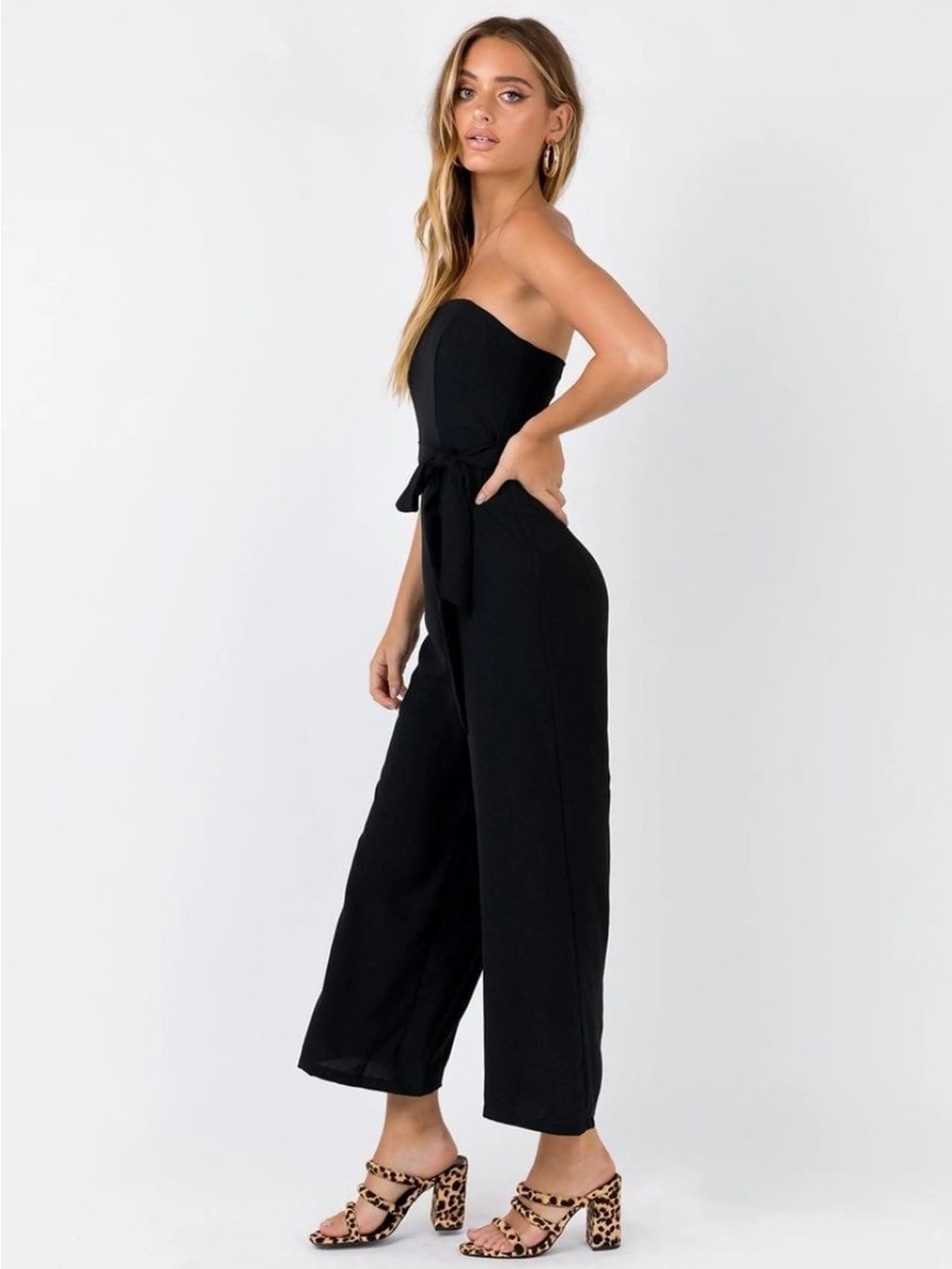 Princess Polly Strapless Black Wide-Leg Jumpsuit with Waist Tie